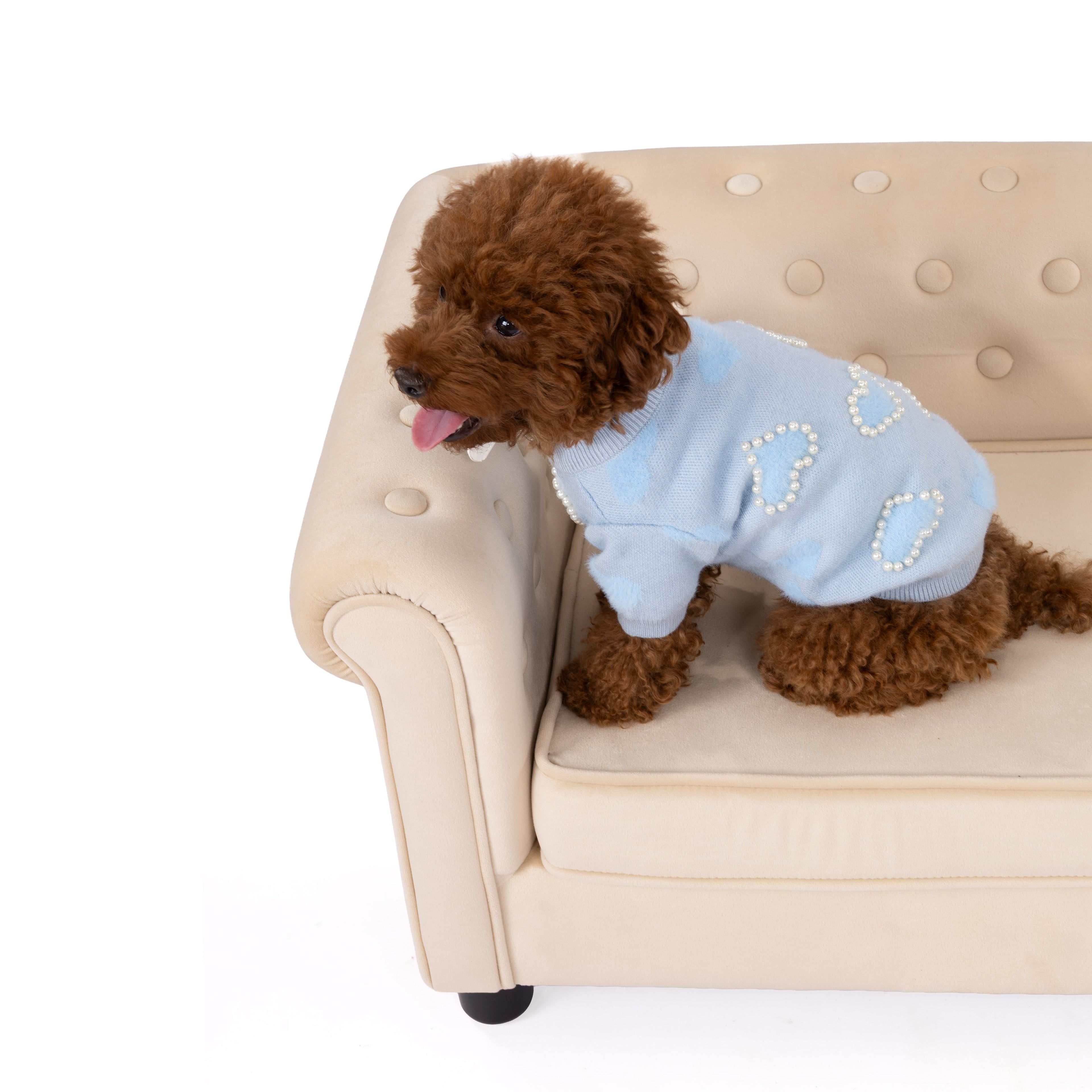 Sky Blue Knitted Sweater with Pearl Embroidery