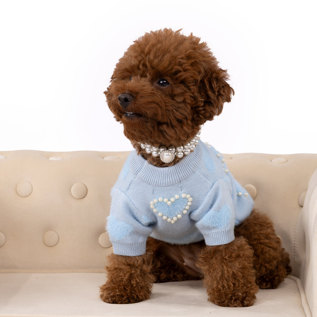 Sky Blue Knitted Sweater with Pearl Embroidery